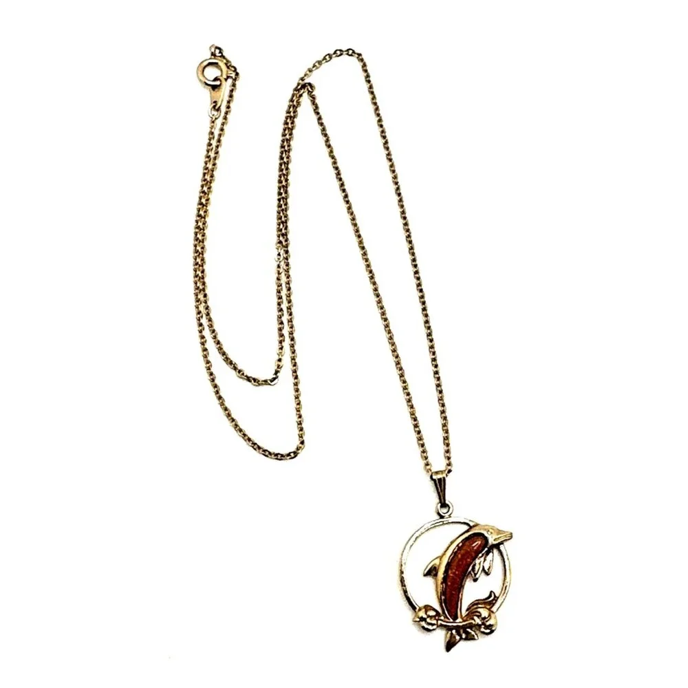Vintage Leaping Dolphin Pendant Necklace Goldstone Gold Tone Jumping 18